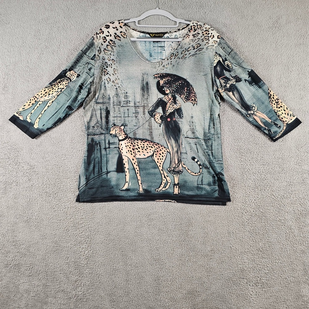 Valentina Womens V-Neck 3/4 Sleeve Graphic Top Cheetah Paris Print Blue Large